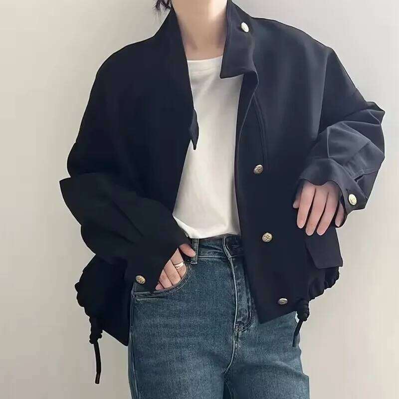 Elegant Women Short 2025 New Spring Autumn Locomotive Jacket Casual Windbreaker Standing Collar Drawstring Trench Coat