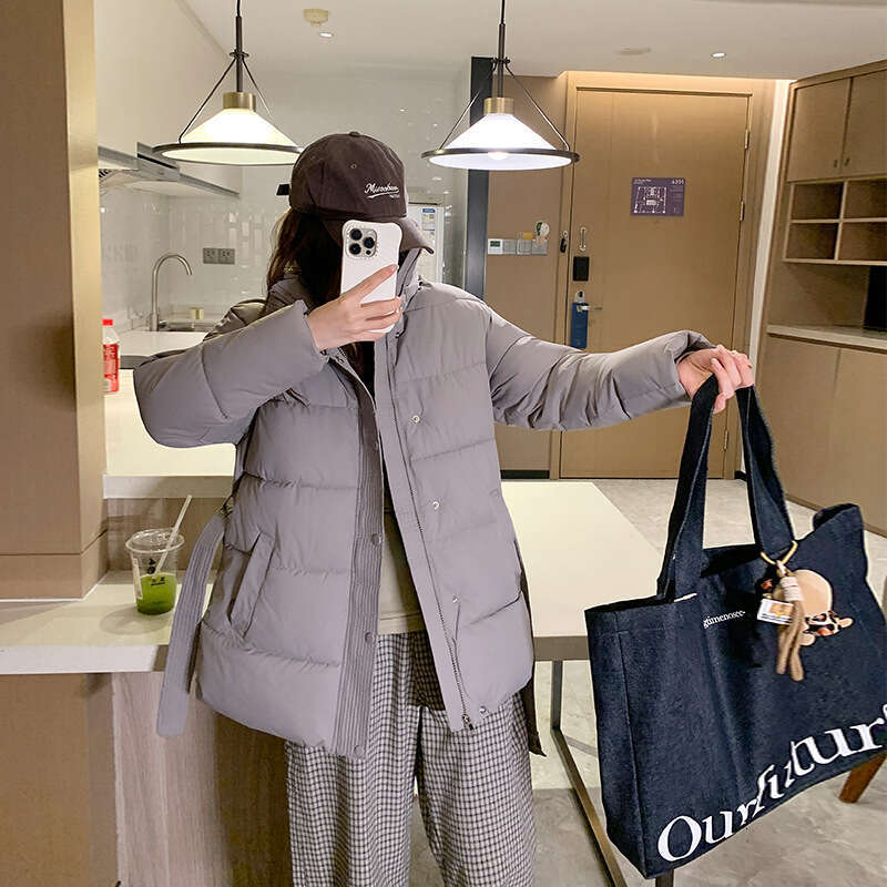 Winter New Solid Color Waist Cinched Hooded Fashion Versatile Trendy Korean Style Mid-Length Cotton Jacket for Women