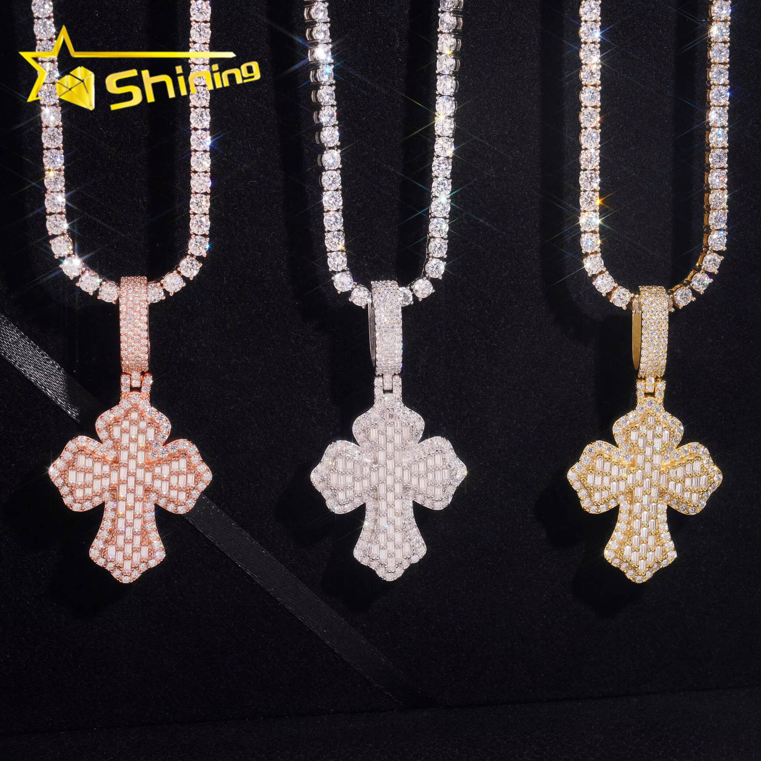 Factory Wholesale Price Hip Hop Jewelry 925 Sterling Silver D Color Men Necklace VVS Baguette Moissanite Iced Out Cross Pendant