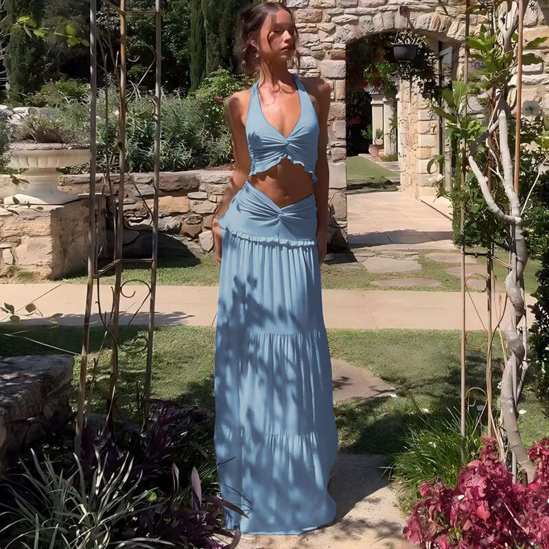 2025 Spring New Women's Sexy Hollow Pleated Halter Top Fashionable Elegant Skirt Set for Women