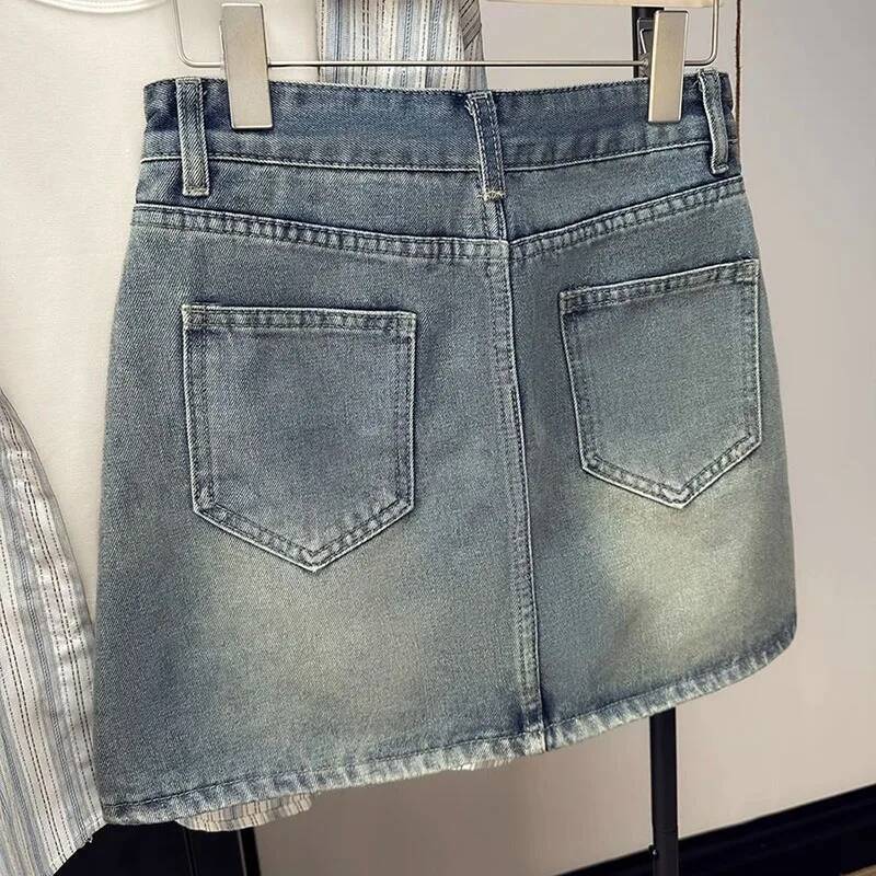 Summer New Womens Vintage Denim Skirts Korean Fashion High-Waisted Slim Mini Woman Elegant All-Match A- Line Bodycon Skirt dongdumaoyi
