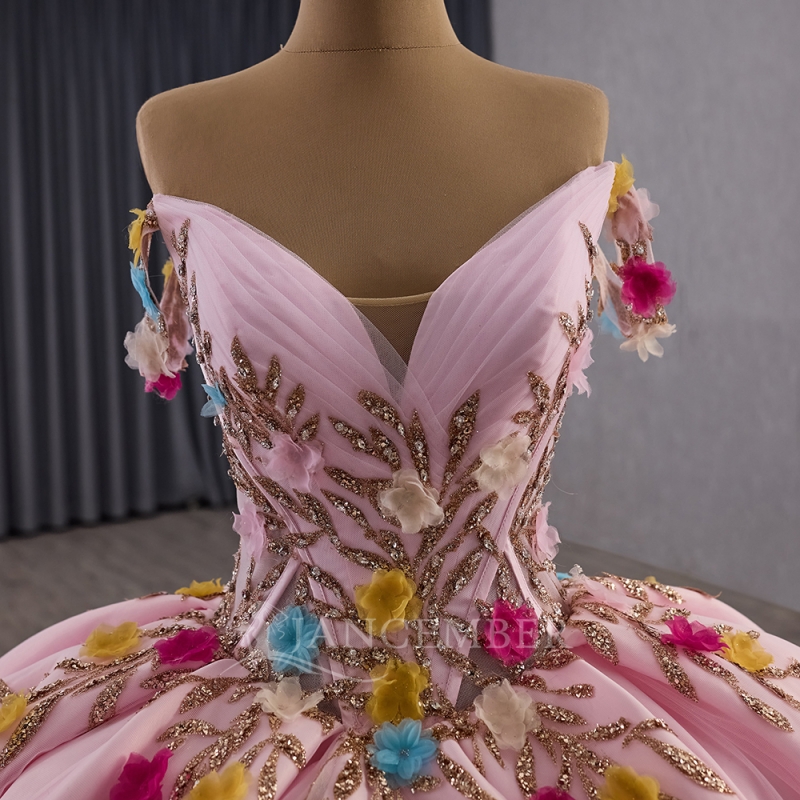 Pink Shiny Ball Gown Quinceanera Dresses Off The Shoulder Sequin Applique Flower Beads Tiered Tull Party Birthday Sweet 16 Dress Vestidos 15 De Anos