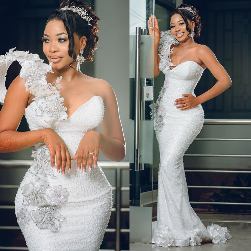 2025 Aso Ebi African Wedding Dress Bridal Gowns For Bride Mermaid One Shoulder Illusion Beaded Lace Pearls Ruffles Appliqued Lace Wedding Gowns For Bl