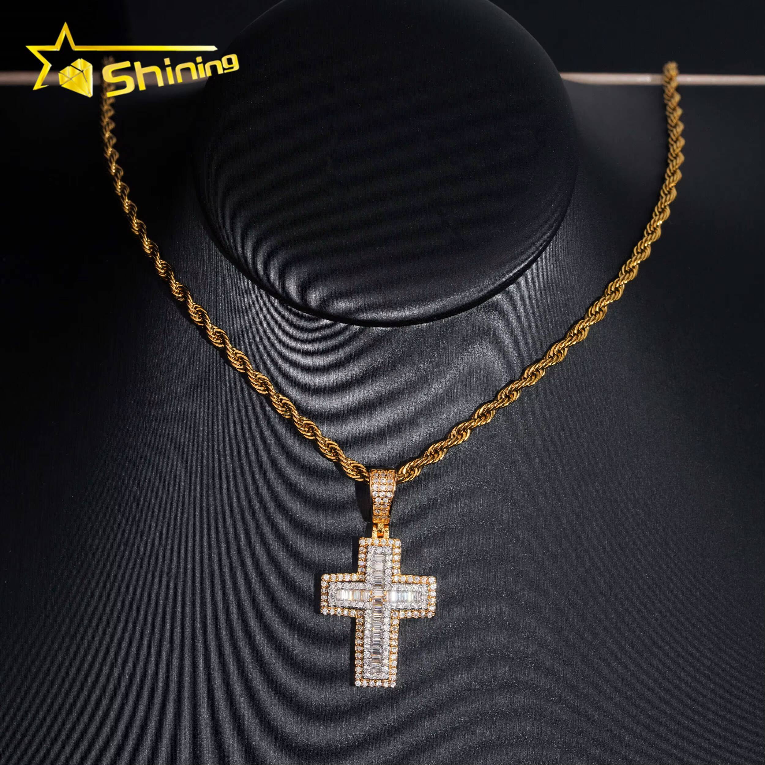 New Design Pass Diamond Tester Fashion Hip Hop Pendant Jewelry 925 Silver VVS Baguette Moissanite Diamond Cross Pendant Necklace