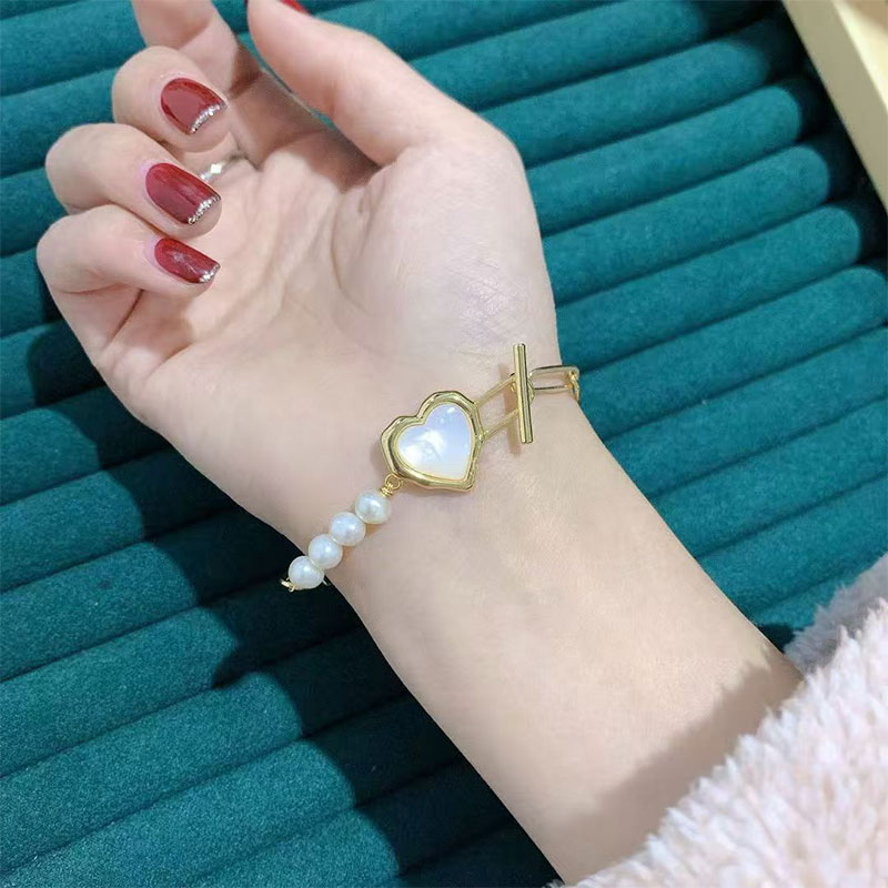 yeyipearl Heart OT Clasp Pearl Bracelet, Gold Plated with Mother of Pearl Charm, Dainty Adjustable Stainless Steel Jewelry for Women, Romantic Daily W