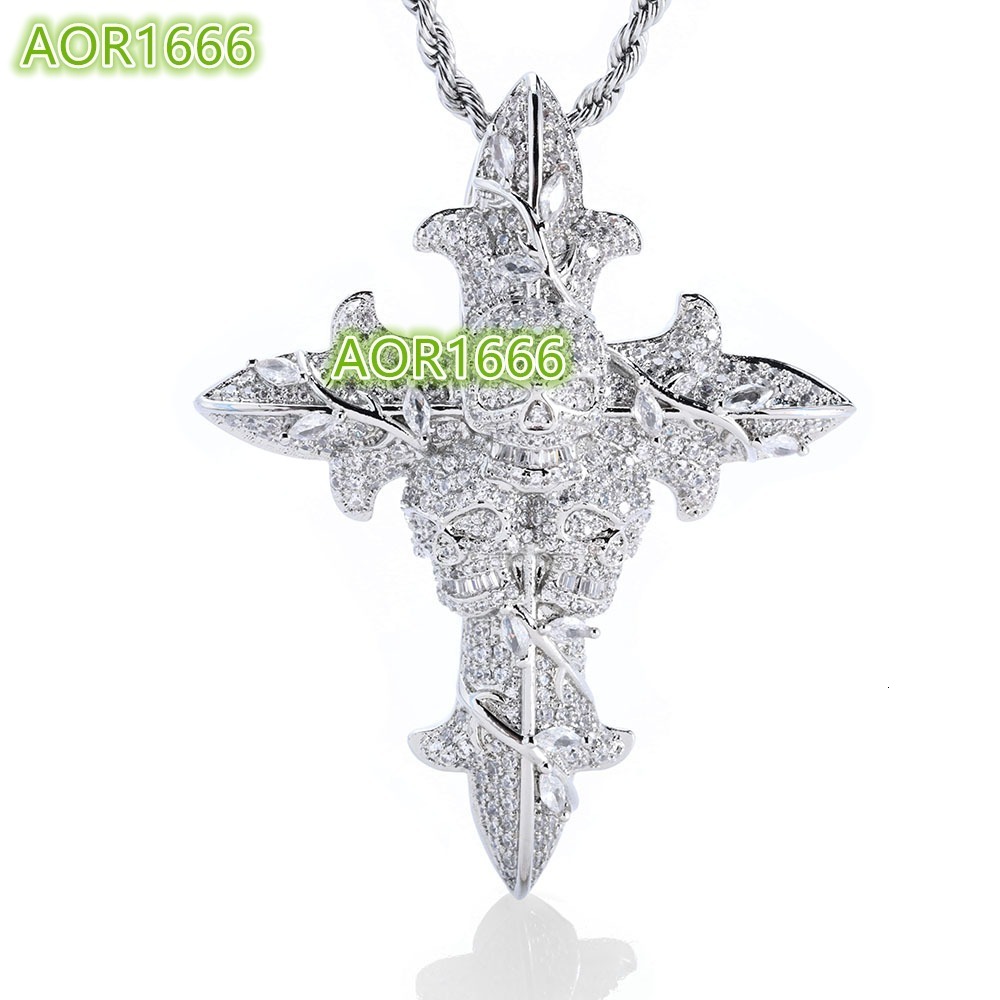 Mens Retro Hip Hop Brass Pendant Necklace with Skull Cross and Zircon Rope Chain for Anniversary Occasions