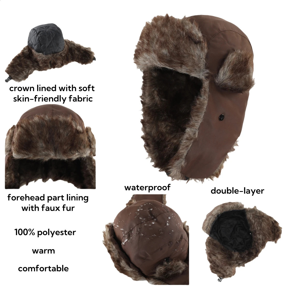 Connectyle Trapper Hat Warm Faux Fur Winter with Ear Flaps Windproof Waterproof Snow Ski Hats for Men Women Cold Weather 250910