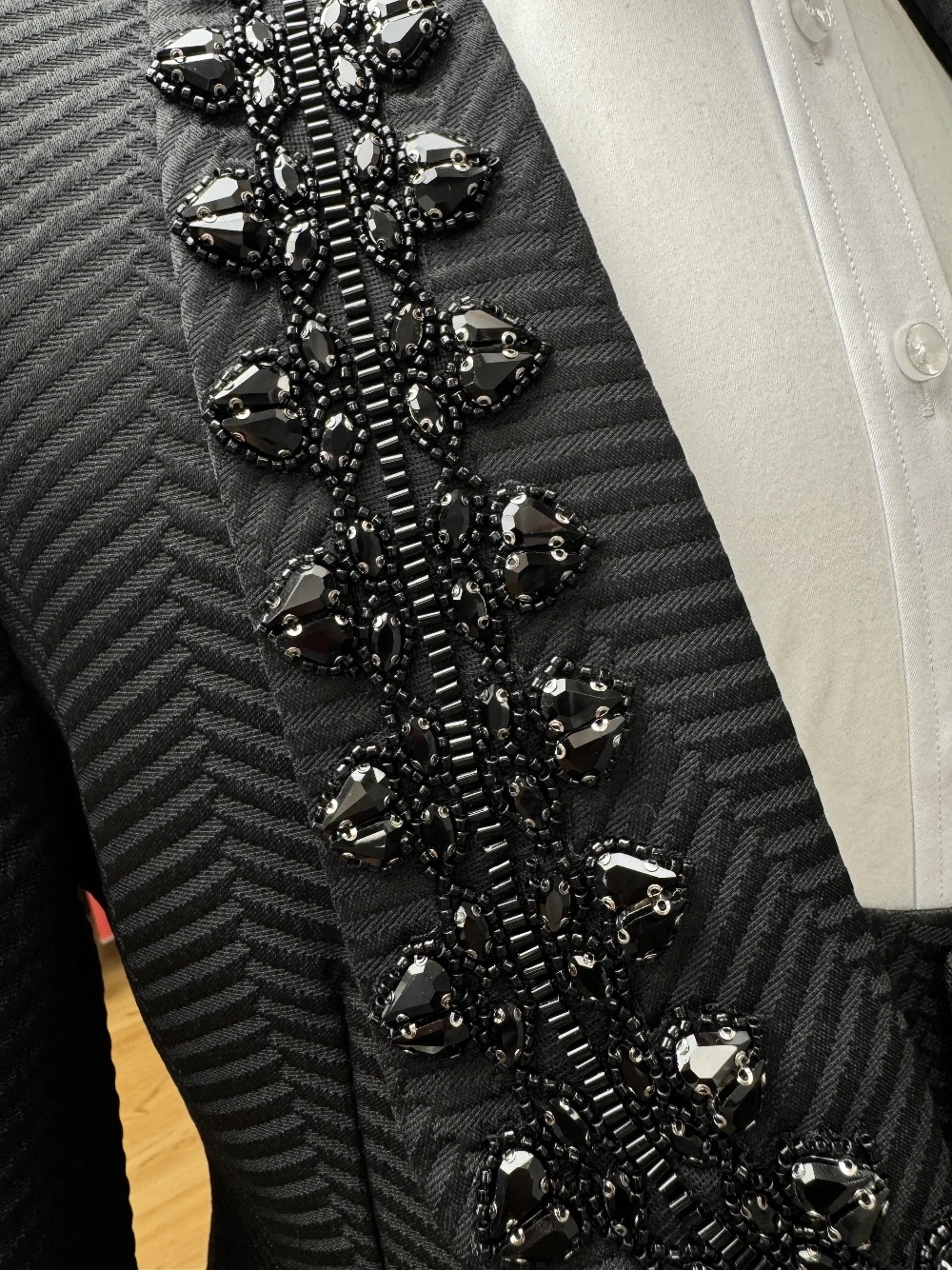 Luxury Men's Suit Shawl Lapel Beads 2 Pieces Set Tailor-Made Jacket Herringbone One Button Crystal Beading Blazer Customized Coat Pants Plus Size