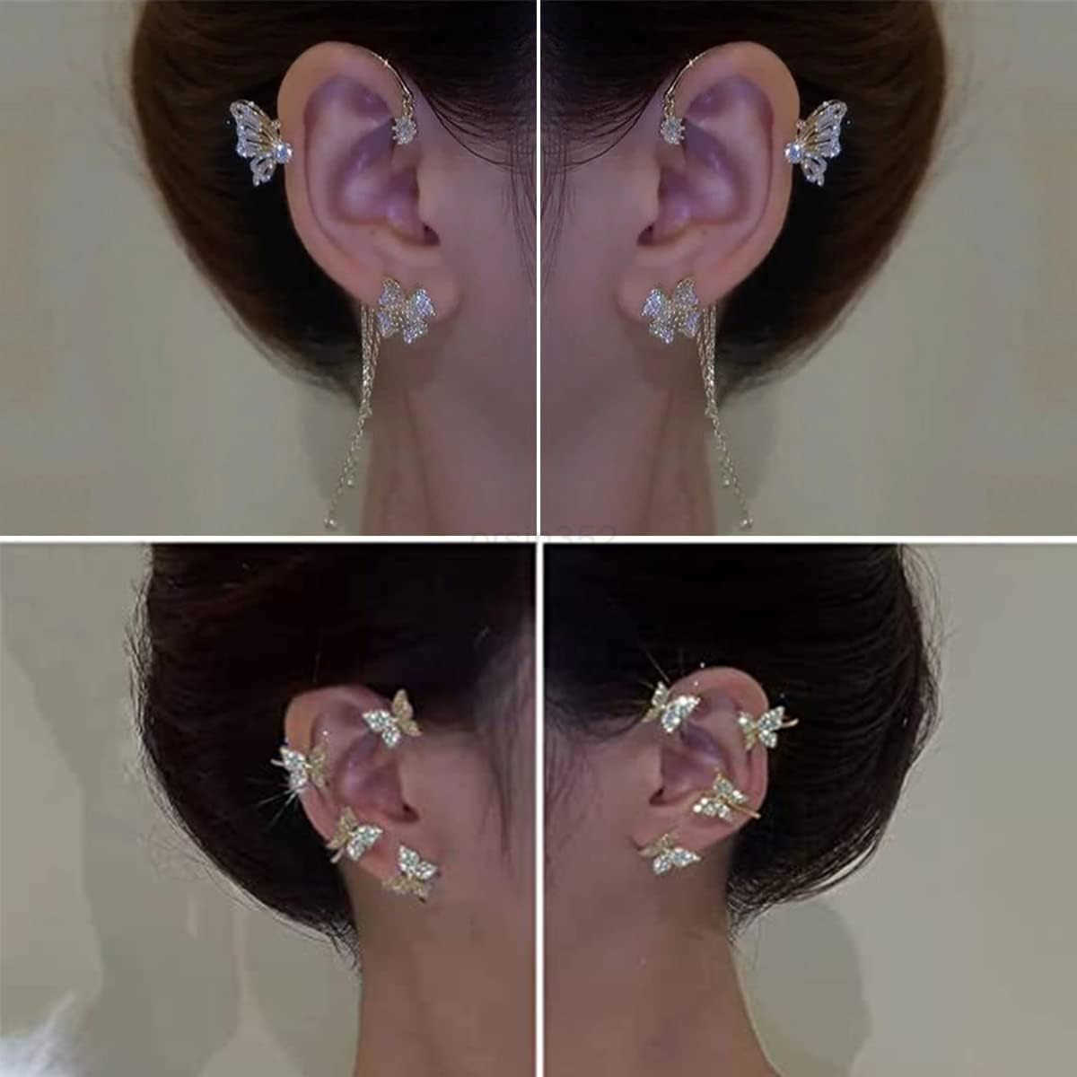 2 Pairs Dainty Silver Butterfly Ear Cuffs Wraps for Women Non Piercing Bling Butterfly Tassel Style Zircon Earrings Ear Clips Bridal Wedding JewelryW2