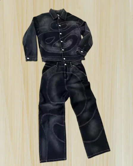 Streetwear Vintage Denim Suit Jacket Jeans Two Piece Y2K Mens Hip Hop Patchwork y Baggy Button Coats 250911