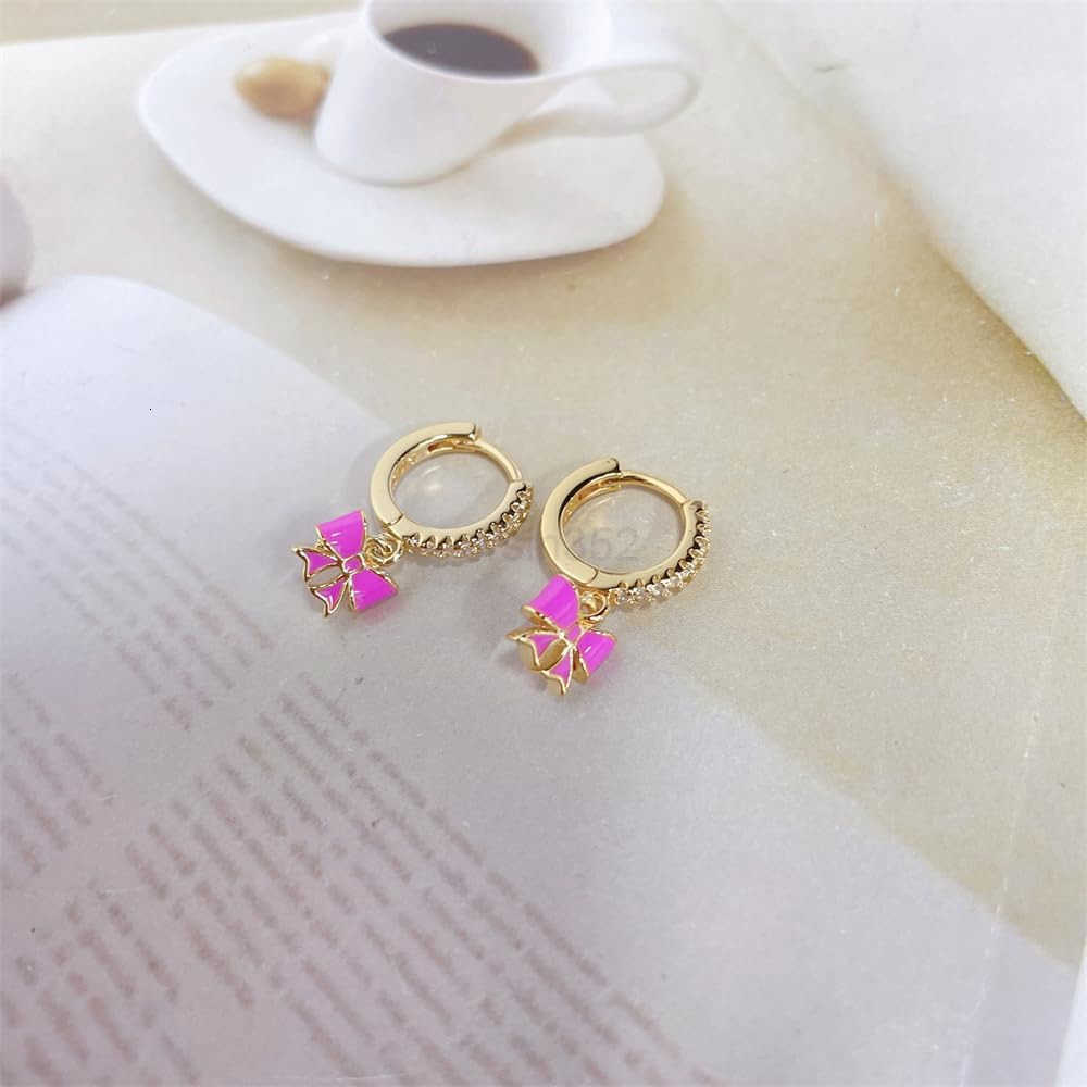 Cute Bow Pink Enamel Ribbon Charm CZ Small Hoop Earrings for Women Cartilage Dainty 925 Sterling Silver Post Gold Plated Bowknot Tiny Mini Huggie Hoop