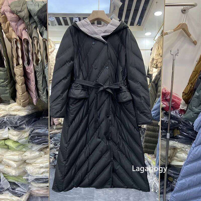Lagabogy 2025 Winter Coat Women Long Windproof Hooded Warm 90%White Duck Down Jacket Female Double-Breasted Slim Parka With Belt