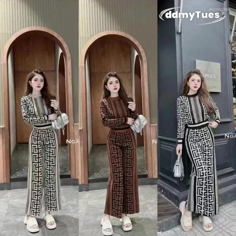 Women's Tracksuits 2025 Fashion Maze Pattern Printed Knitted Top Wide Leg Pants Women Casual Set Two Piece Comfortable Breathable TUES