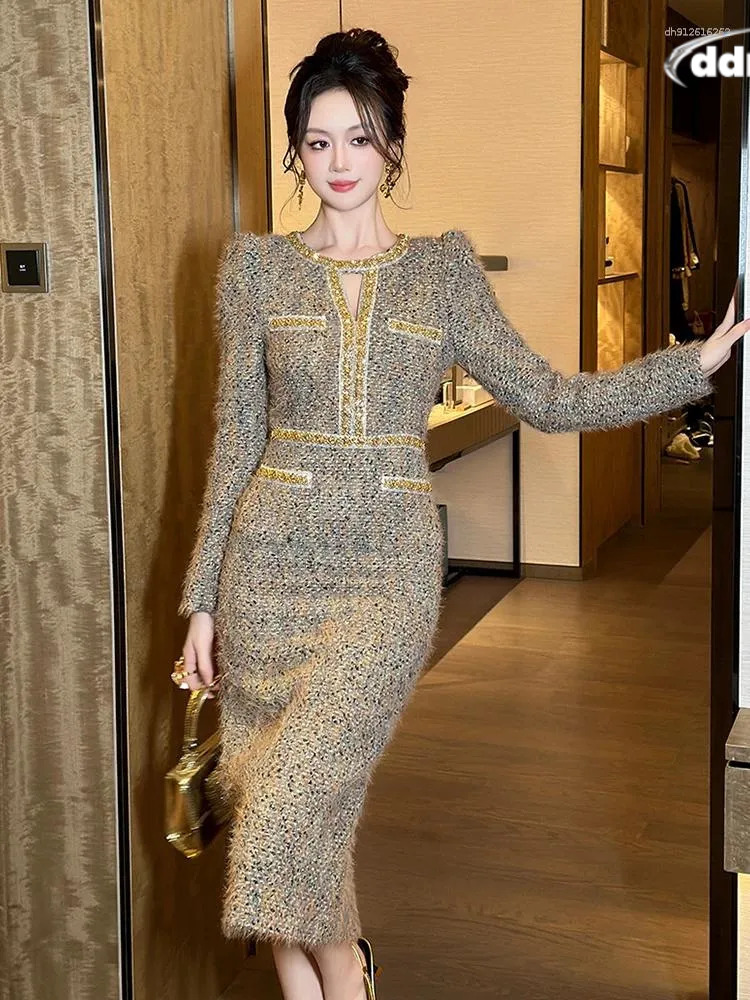 Two Piece Dress Women Clothes Vintage Tweed Hollow Sexy O-Neck Slim Midi Pencil Elegant Fashion Evening Party Vestidos Formal Ocn TUES