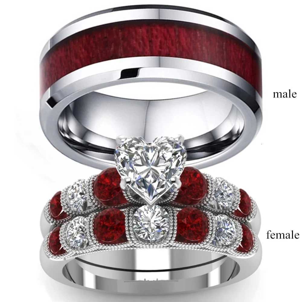 2021 Couple Ring Women White Gold Color Heart Garnet Ring Men Stainless Steel Wedding Engagement Band Valentine Day Gift Jewelry W250911