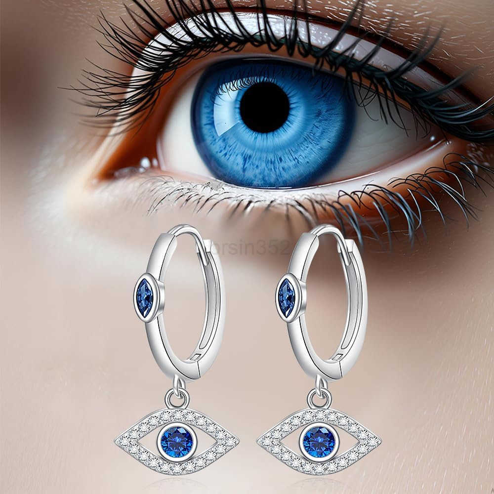 Eye Earrings for Women Sterling Silver Blue Greek Evil Eye Hoop Earrings Dangle Drop Protection Leverback Amulet Turkish Jewelry GiftsW250911