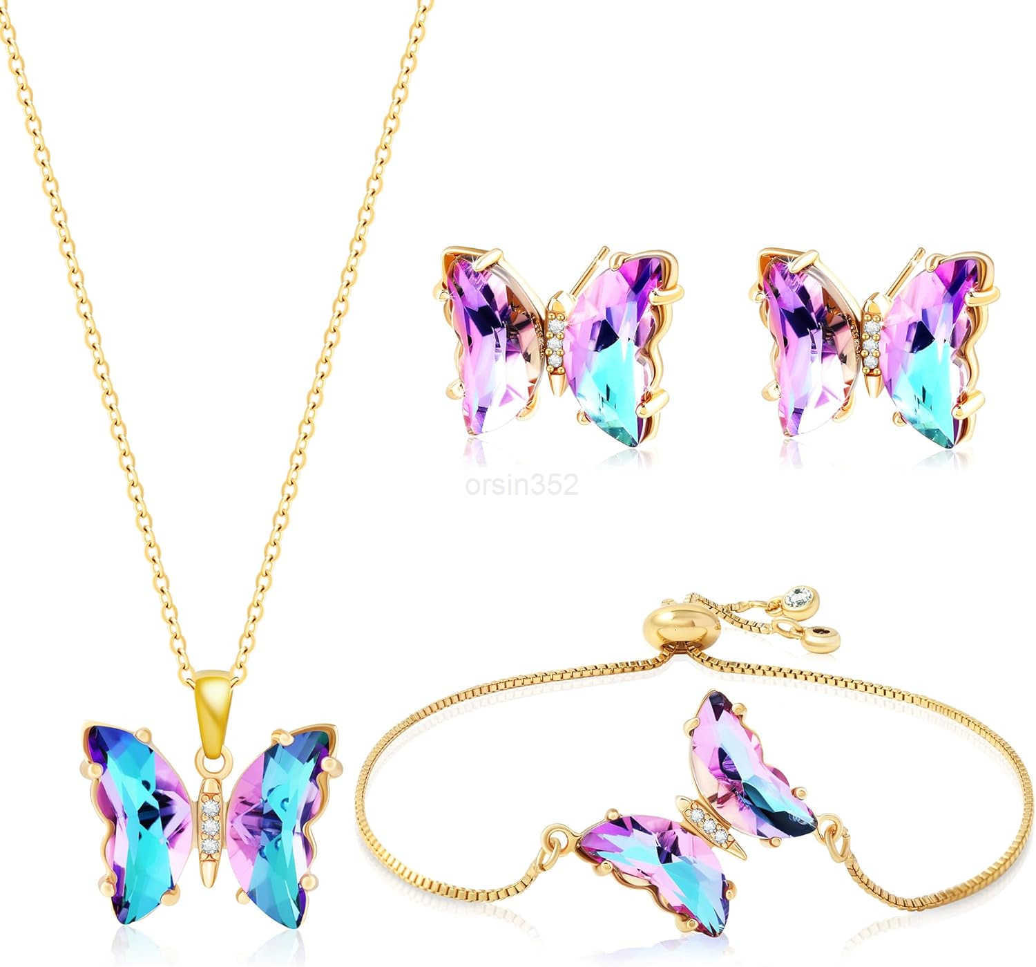 Butterfly Crystal Jewelry Set with Butterfly Necklace Stud Earrings Bolo Adjustable Ring for Women Trendy Iridescent Y2K Dainty Butterfly JeweW250911