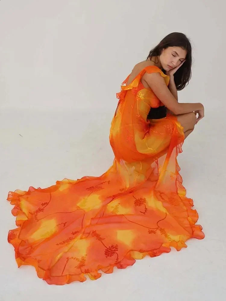 Orange Tie Dyed Printed Trailing Dress Low Cut Backless Ruffle High Split Long Dresses Summer Chic Female Party Evening Robe 250910