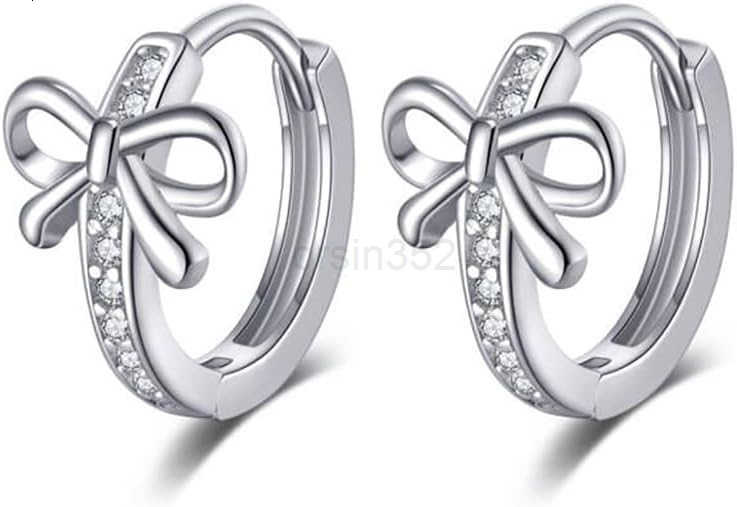 Solid 925 Sterling Silver CZ Bow Hoop Earrings Ribbon for Women Teen Girls Bowknot Hoop Earrings HuggieW250911