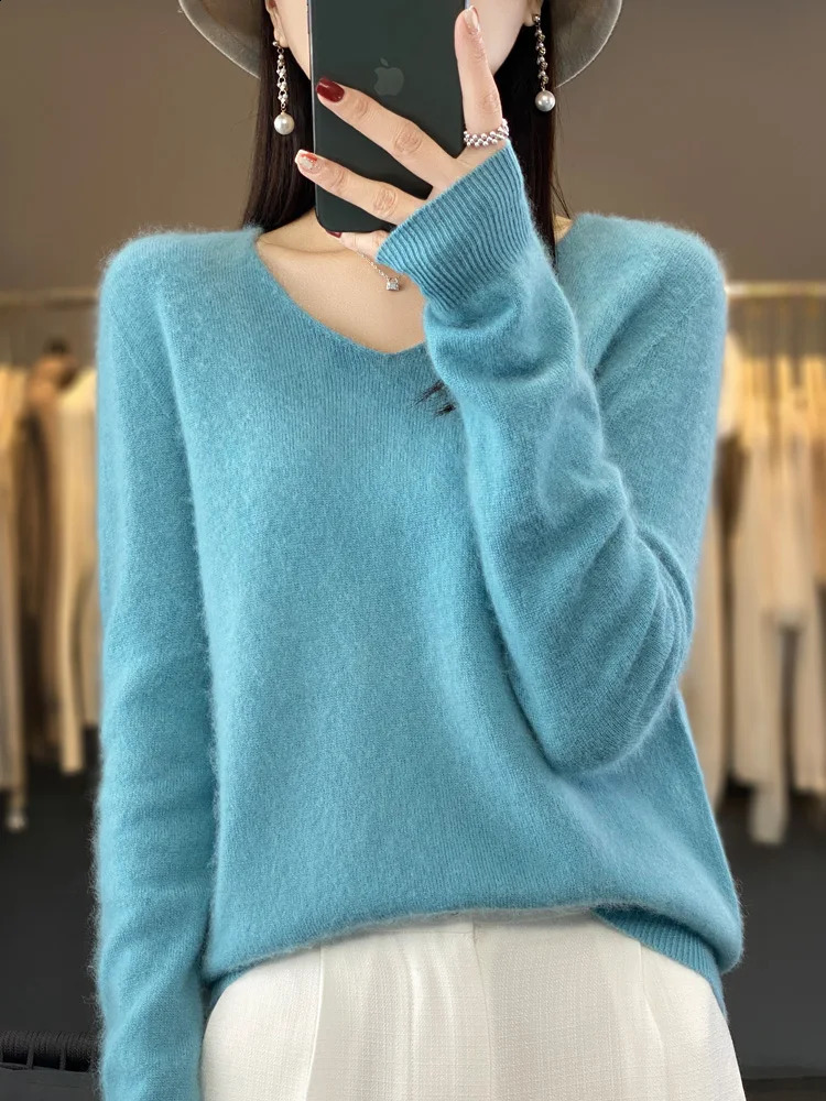 Womens Basic Vneck Pullover Sweater 100 Merino Wool Long Sleeve Cashmere Knitwear Autumn Winter Female Clothing Tops 250911