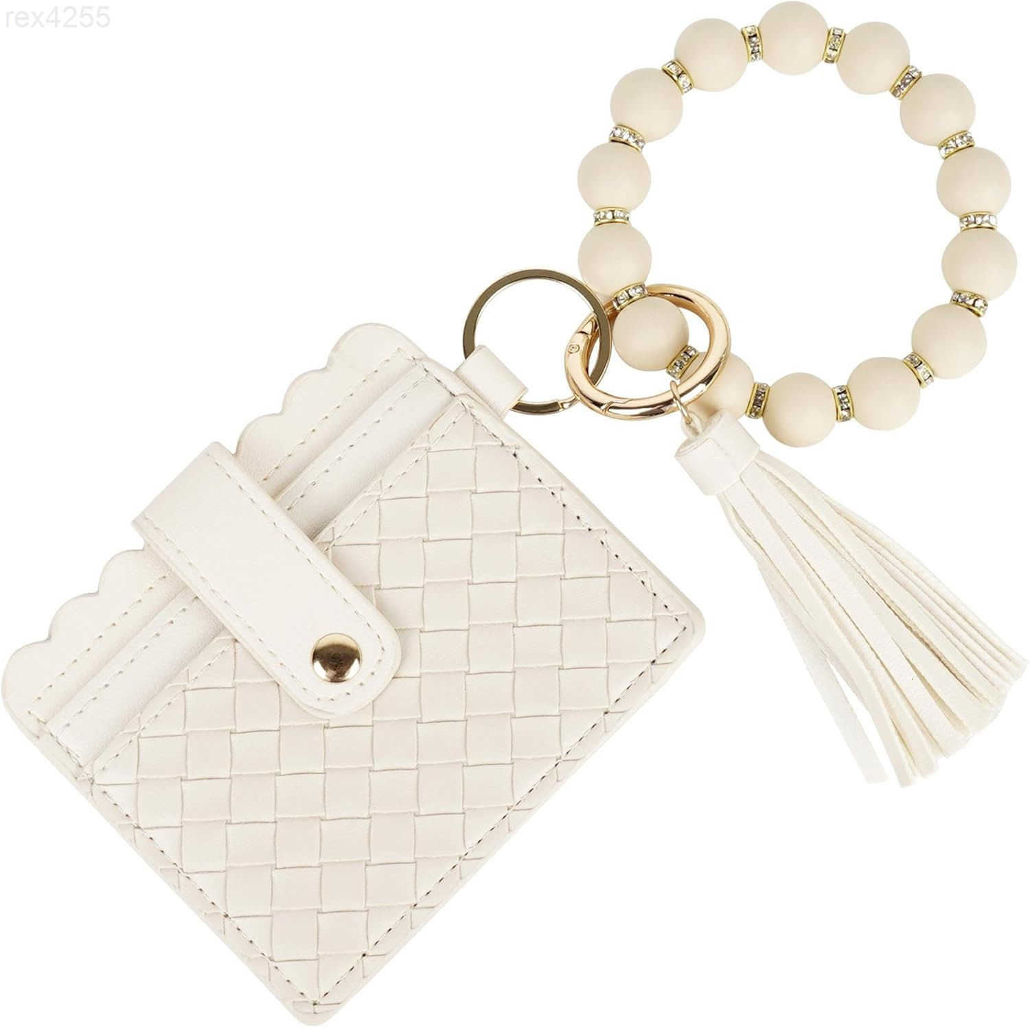Wristlet Keychain with Wallet for Women Small Beige RFID Blocking Card Holder Keyring Charm with TasselW250911