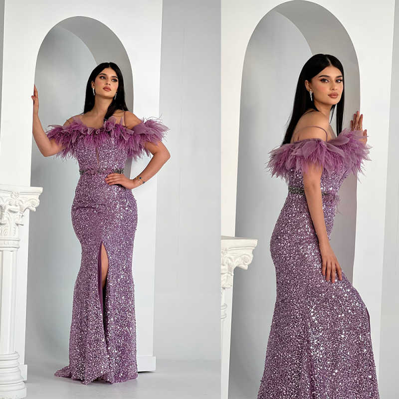Glitter Ligh Purple Prom Evening Dresses Luxury Feathers Sequin Party Dress For Special Occasions Mermaid Lilac Porm Gonws Customized