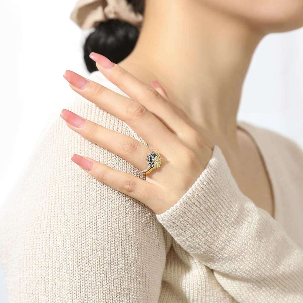 and Set, Sparkling Sun Ring/Blue Moon Ring with 14k Gold/Sier Plating, Friendship Promise Ring, Stackable Celestial Rings, Gift for Women