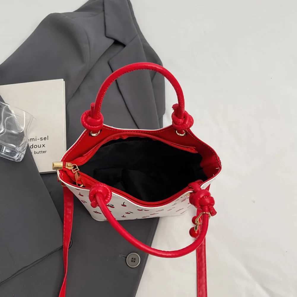 PU Leather Bucket Cherry Printed Crossbody Bag for Women Trendy Tophandle Bag Stylish Small Tote Handbag with Adjustable Strap Z250911