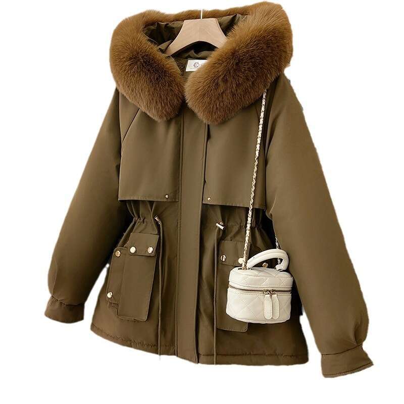 Padded Thickened Parka for Women Winter New Korean Style Coat with Large Fur Collar Short Hooded Cotton Jacket