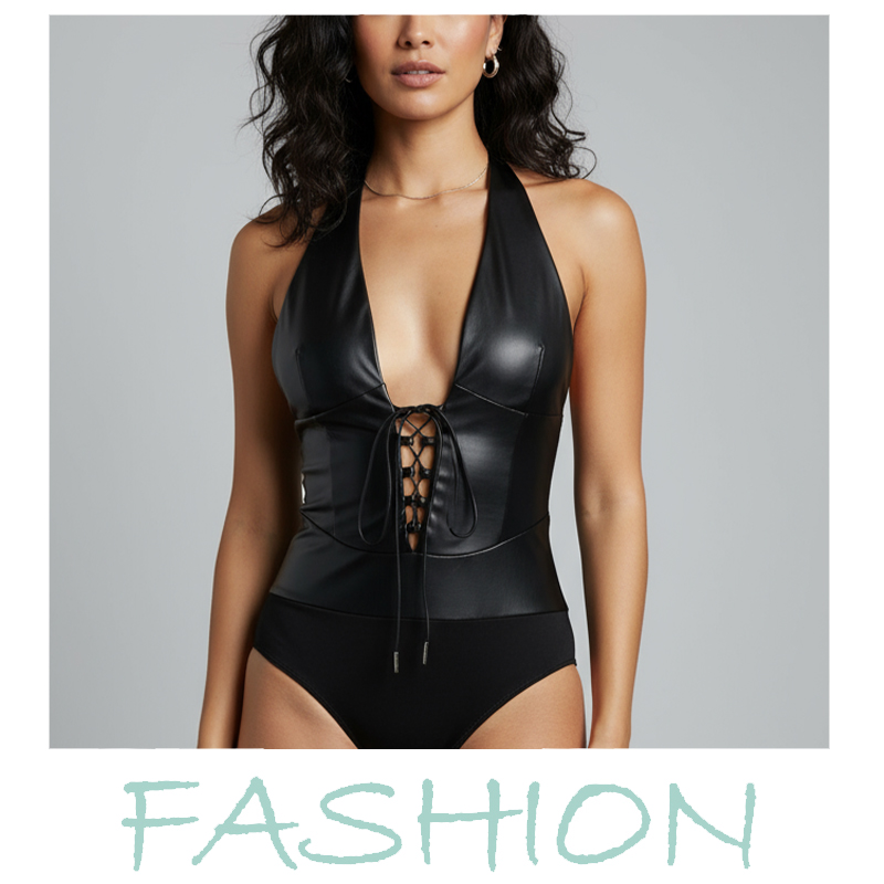Women's Jumpsuits & Rompers Women's Black PU Leather Halter Deep V Lace - up Bodysuit
