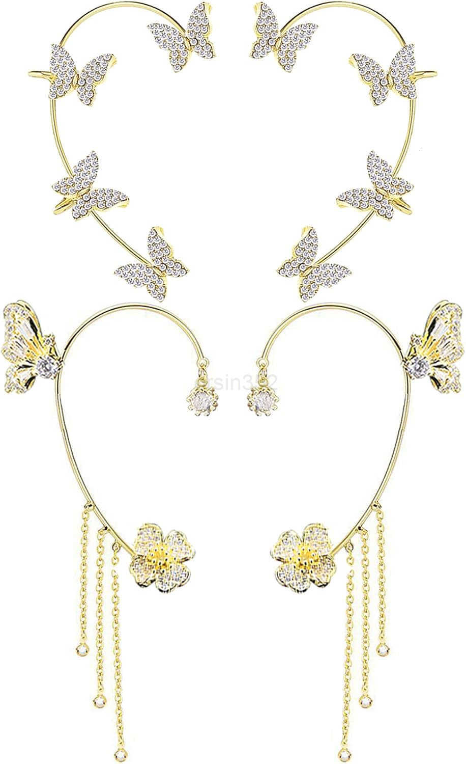 2 Pairs Dainty Silver Butterfly Ear Cuffs Wraps for Women Non Piercing Bling Butterfly Tassel Style Zircon Earrings Ear Clips Bridal Wedding JewelryW2