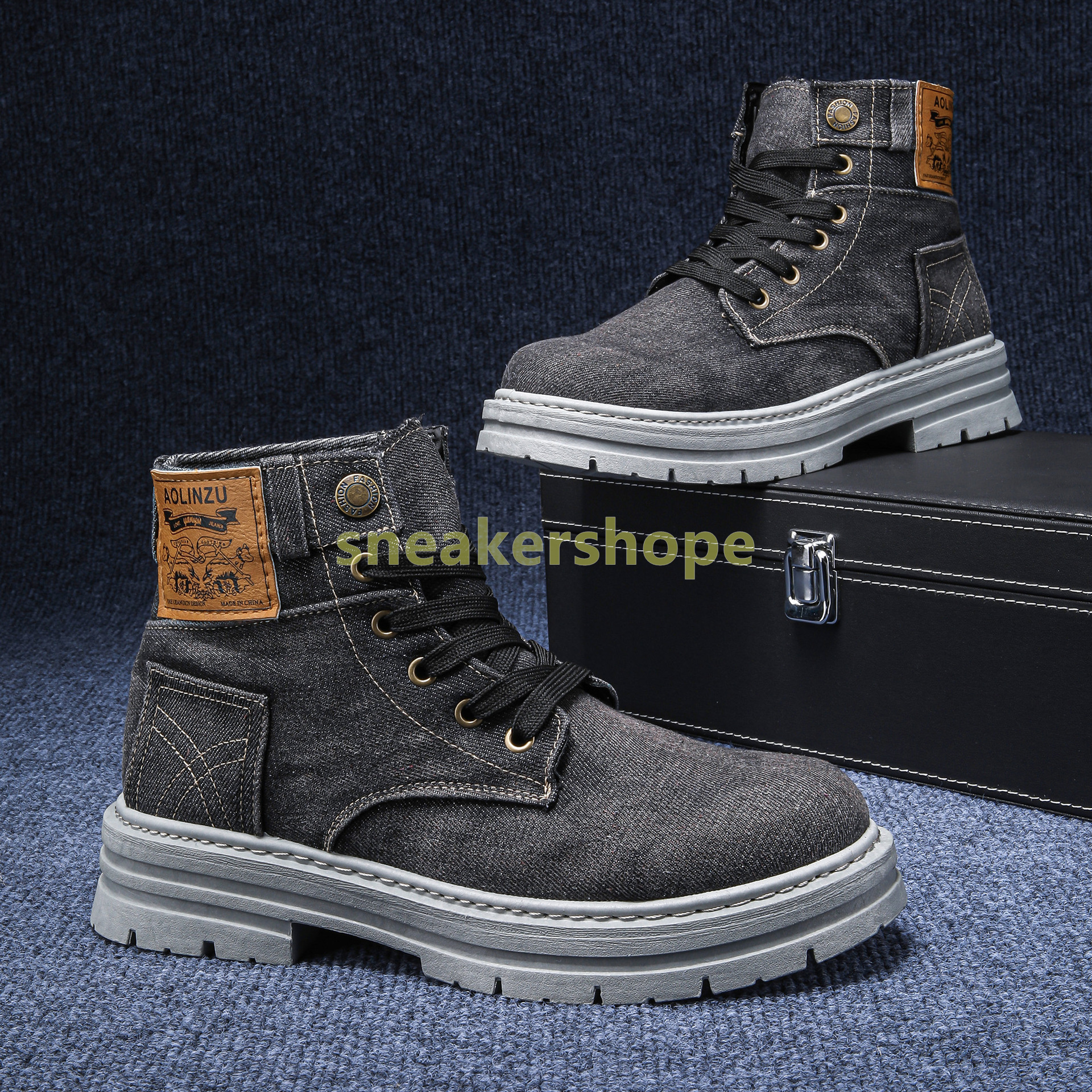 designer boots denim high-top martin boot black blue trendy style durable non-slip soles casual outdoor hiking mens boots size 39-48