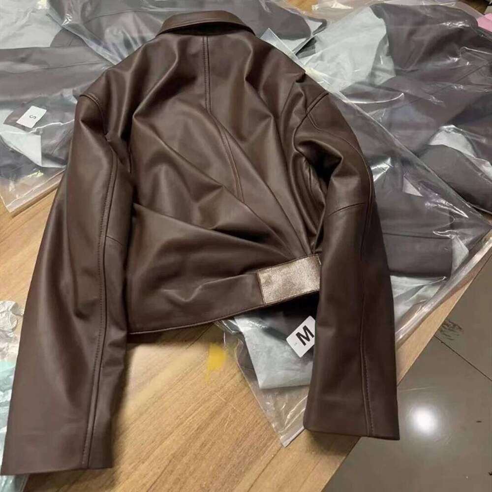 Natural Jacket For Women Lambskin Bomber Biker Jacket Long Sleeves 100% Sheepskin Leather Coat Folded Short Tops Woman
