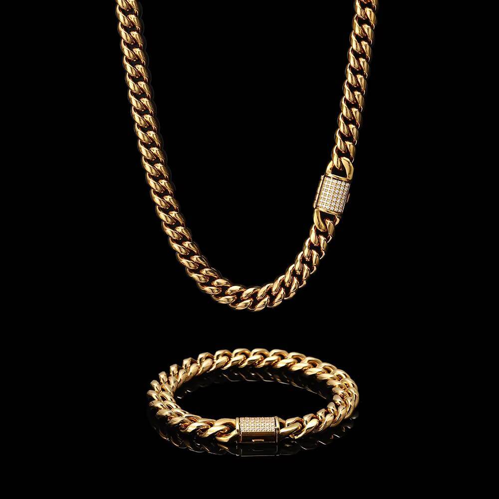 Wholesale Custom Hip Hop Stainless Steel Cuban Necklace CNC Pave Cz Iced Clasp 18K Gold Necklace Cuban Link Chain