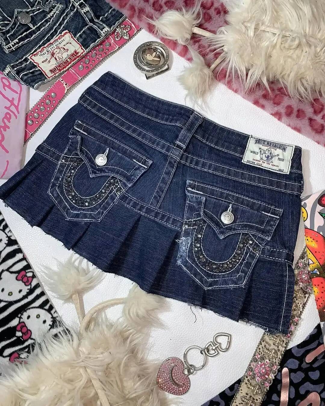 Blue Retro Goth Embroidered Pocket Patchwork Y2k Denim Mini Skirt with High Waist and Hip Bag Haruku Streetwear Skirts dongdumaoyi