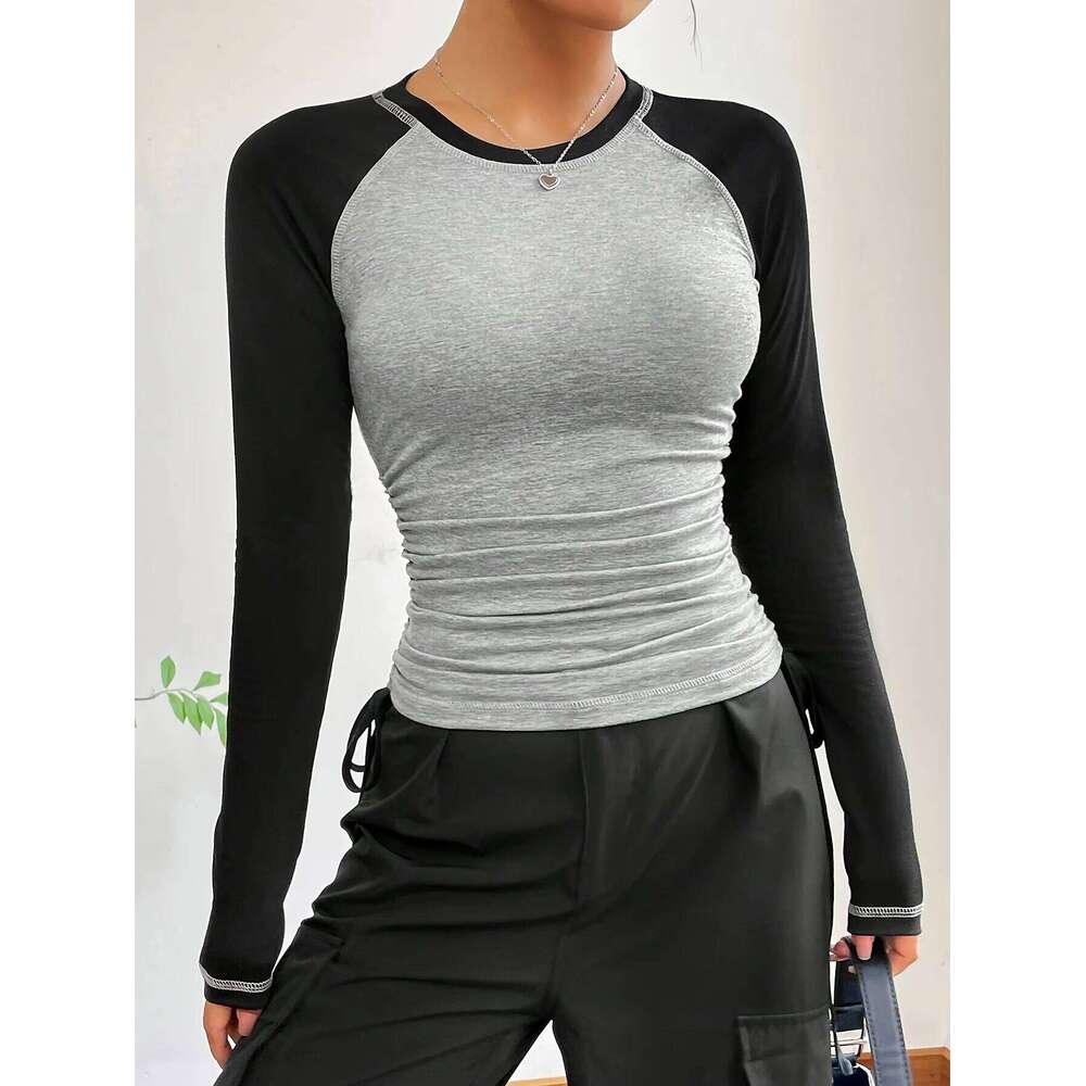 Women Slim Fit T Shirts Holiday Party Crop Top Y2k Long Sleeve Korean Haruku Kpop Graphic Patchwork Tee