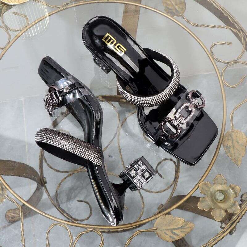 Aesthetic Gold One Word Slipper 2025 Summer New Fashion Thick Irregular Metal High Heel External Wear Sandal