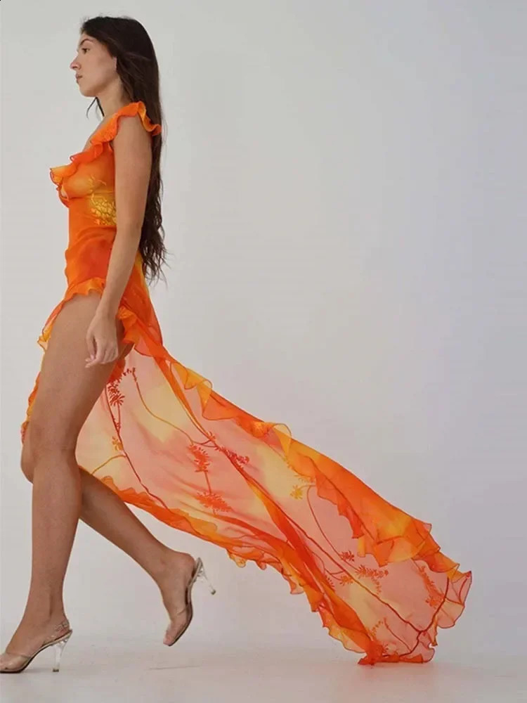 Orange Tie Dyed Printed Trailing Dress Low Cut Backless Ruffle High Split Long Dresses Summer Chic Female Party Evening Robe 250910