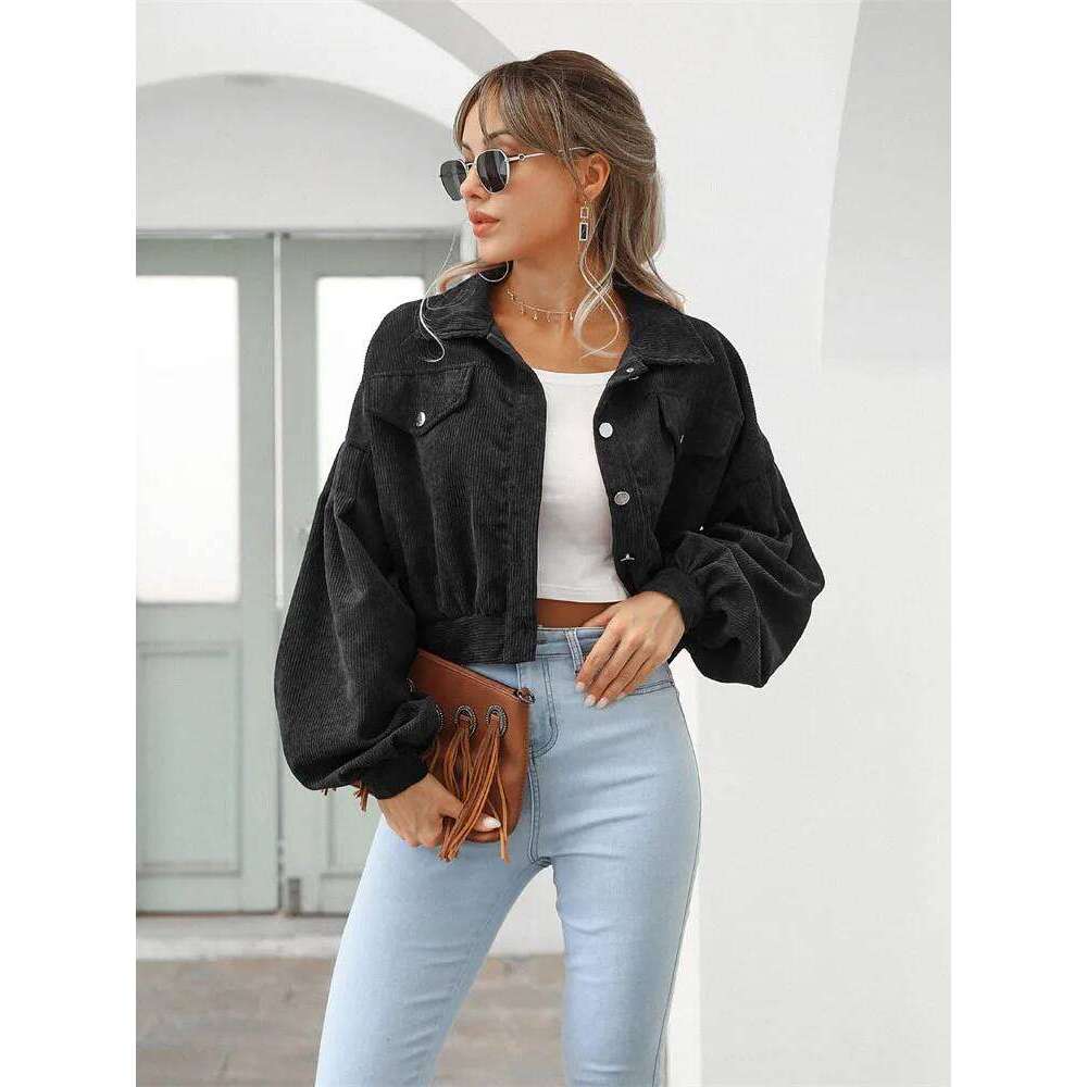 Corduroy Short Jacket Women Loose Tops Spring Autumn Turndown Collar Lantern Sleeve Casual Coat Lady Streetwear Outerwear