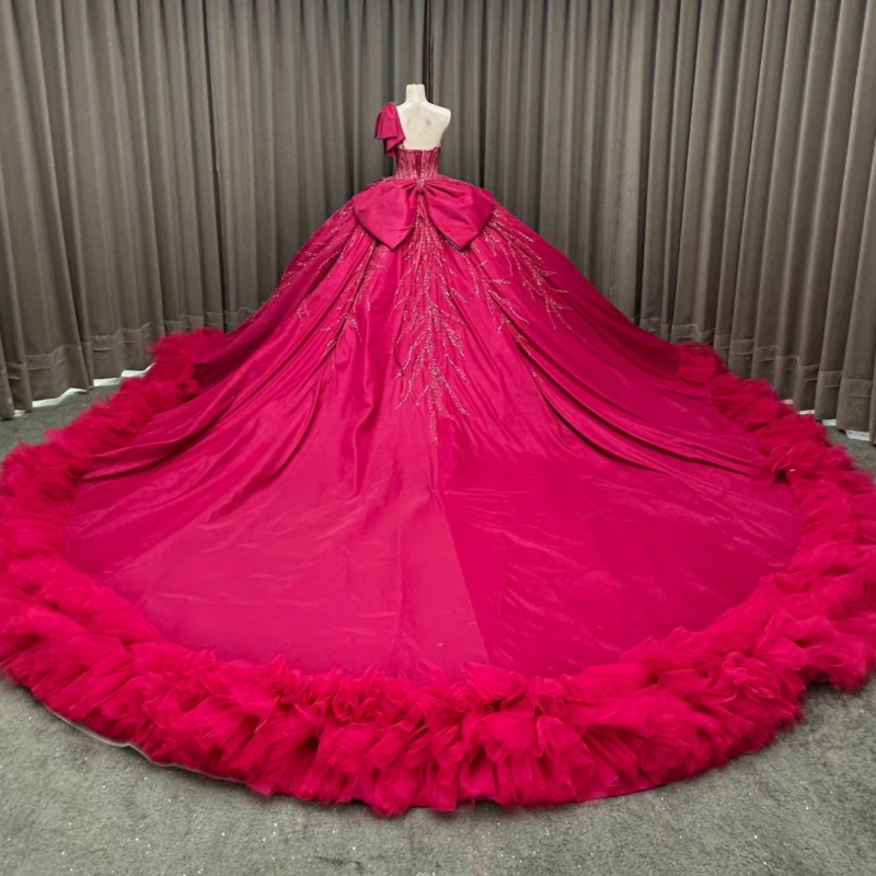 Red Quinceanera Dresses Ball Gown Off The Shoulder Beading Crystal Bow Tiered Tull Party Birthday Sweet 16 Dress Vestidos 15 De Anos