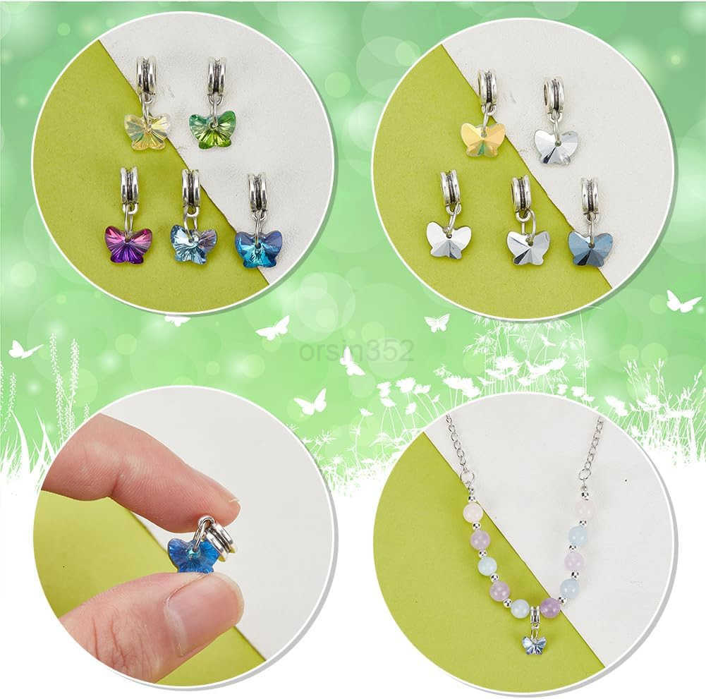30pcs Butterfly Glass Charms Pendants 5 Colors Faceted Butterfly Crystal Dangle Charms with Bail Hanger Large Hole Transparent Beads for Necklace Earr