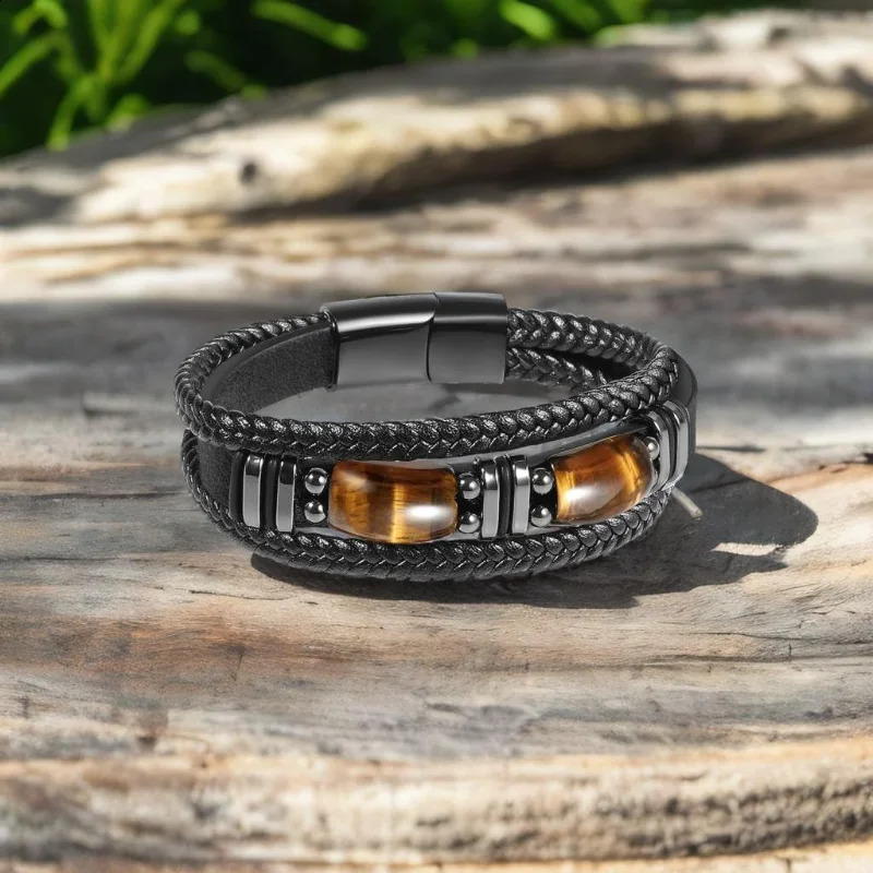 Tiger Eye Black Leather Bracelet Men Natural Gemstone Crystal Stone Jewelry Handmade Courage Stress Relief Protection Bracelet 250911
