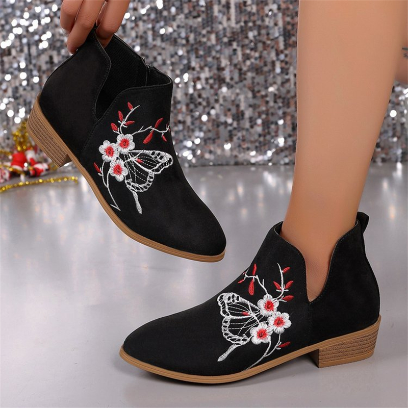 free shipping designer shoes Autumn New Large Embroidered Martin Boots Women's Coarse Heel Side Zipper Short Boots size 36-43 black red brown