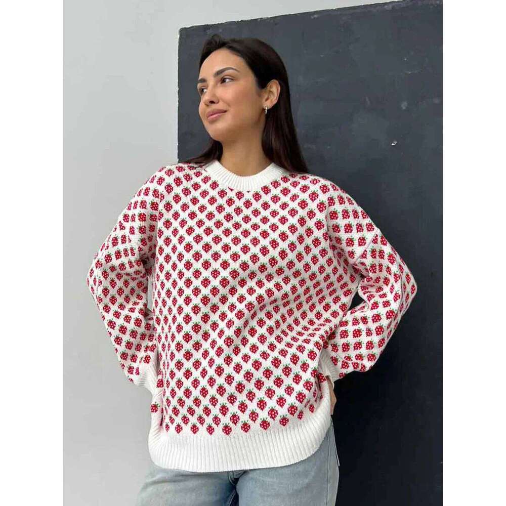 Blubelle Women's O - Neck Pullover Knit Sweater Loose Fit Soft Strawberry Print Oversized Cozy Autumn Winter Casual Pullovers