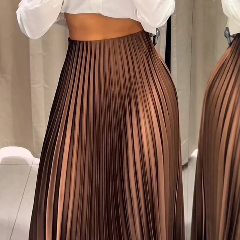 Women's Pleated Summer Brown Ruffle Cylinder Pleats Mid Waist Midi Fashion Elegant Women Long Skirt 2025 dongdumaoyi