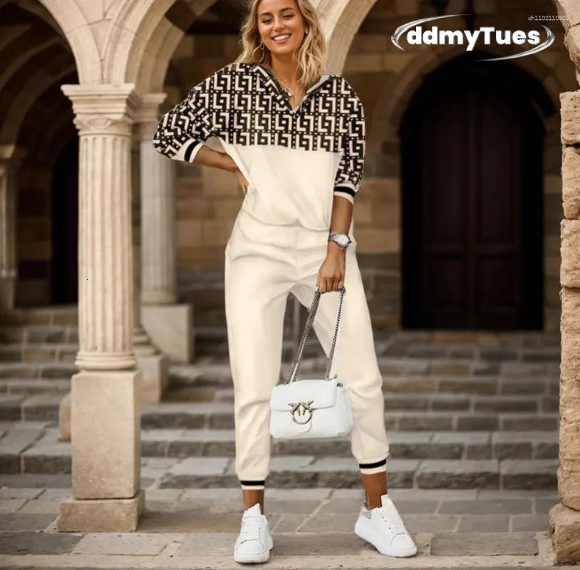 Women's Tracksuits Women Two Piece Set Tracksuit Spring Autumn Fashion Chain Print Long Sleeve Top Pencil Pants Ladies Casual Sport Outfits TUES