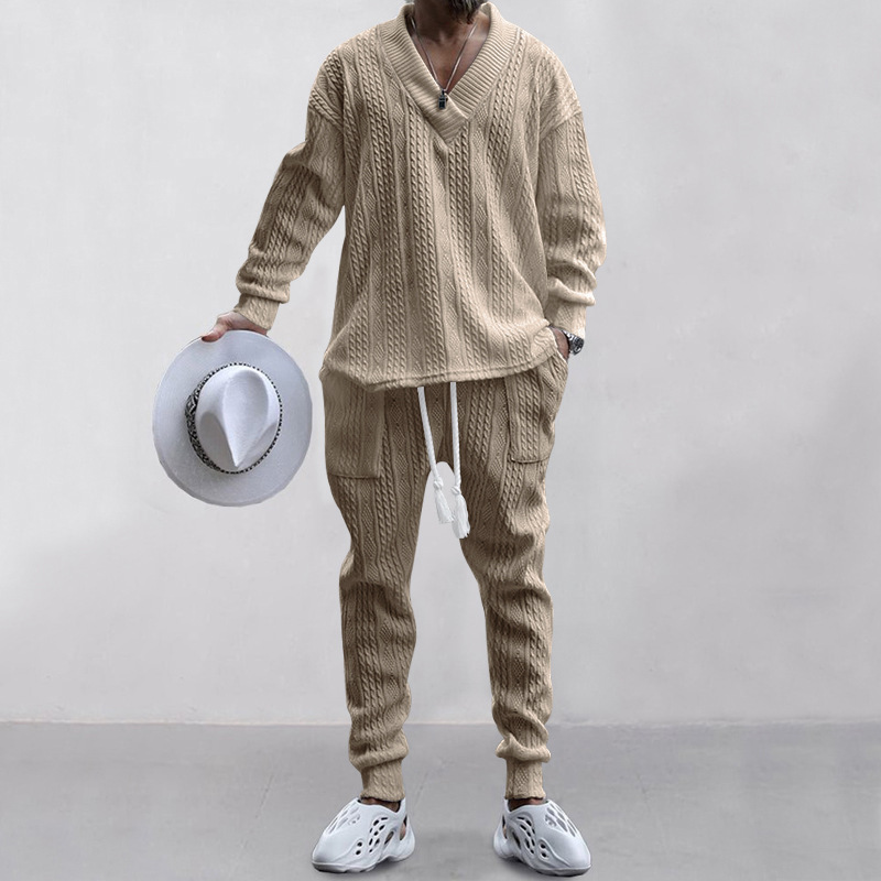 Mens tracksuit Autumn Winter Men's Sweater Casual pants V-neck jacquard knit Casual Pants Two-piece Set Mens Clothes fJumpers+pants For Men EU Si