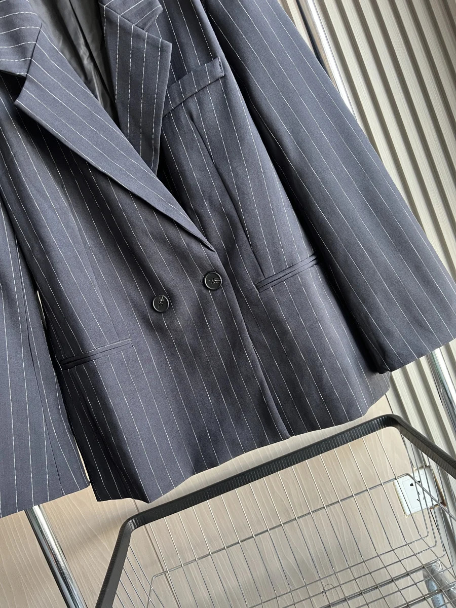 ETJ FallWinter Womens Street Fashion oversized pinstripe shoulderpadded loose suit jacket for women 250911