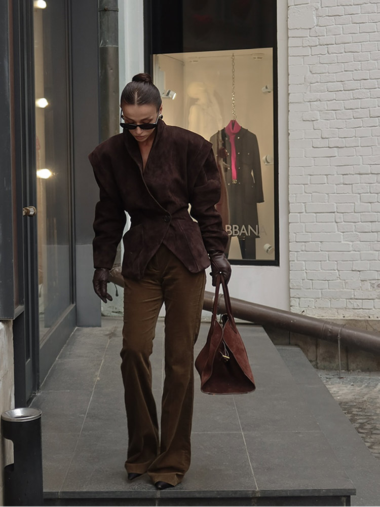 Women's Fashion Dark Brown Suede Jacket Casual Stand Collar Double Breasted Female Coat Lady 2025 Autumn Chic Street Brown Outerwear