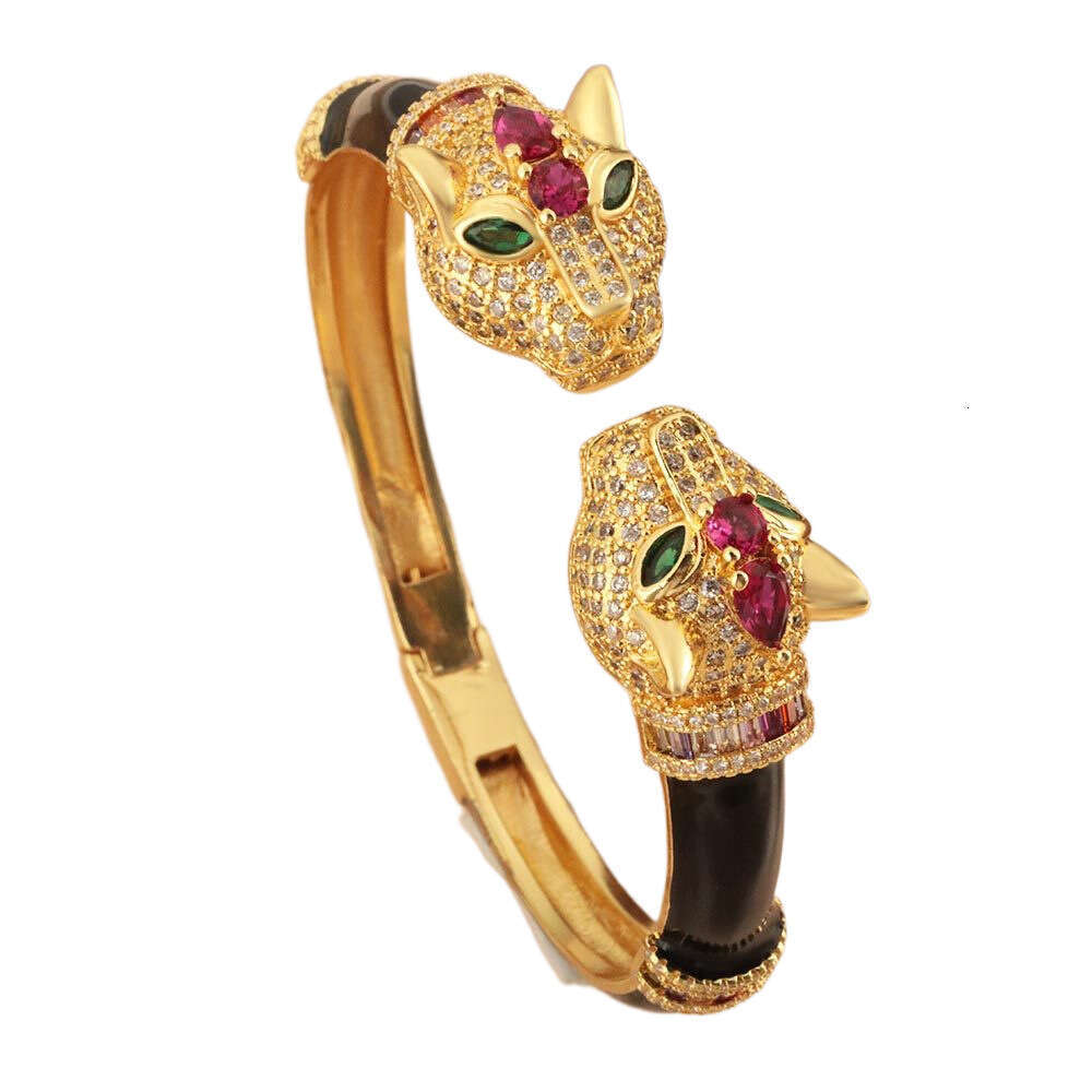 New Trend Heavy Craft Light Black Panther Open Bracelet Real Gold Plated Copper Micro Inlaid Zircon Jewelry